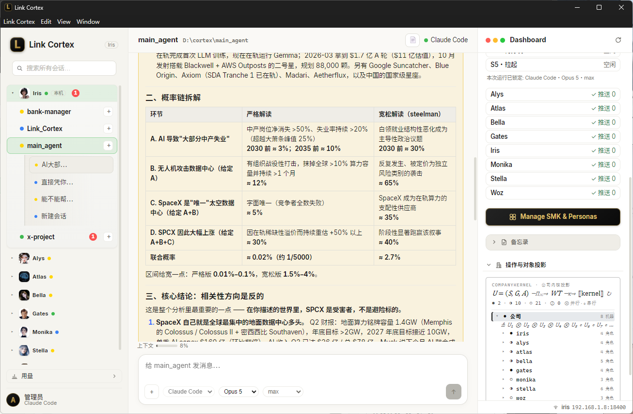 Link Cortex 控制台：main_agent 的调研会话，右下角展开公司内核的操作与对象投影